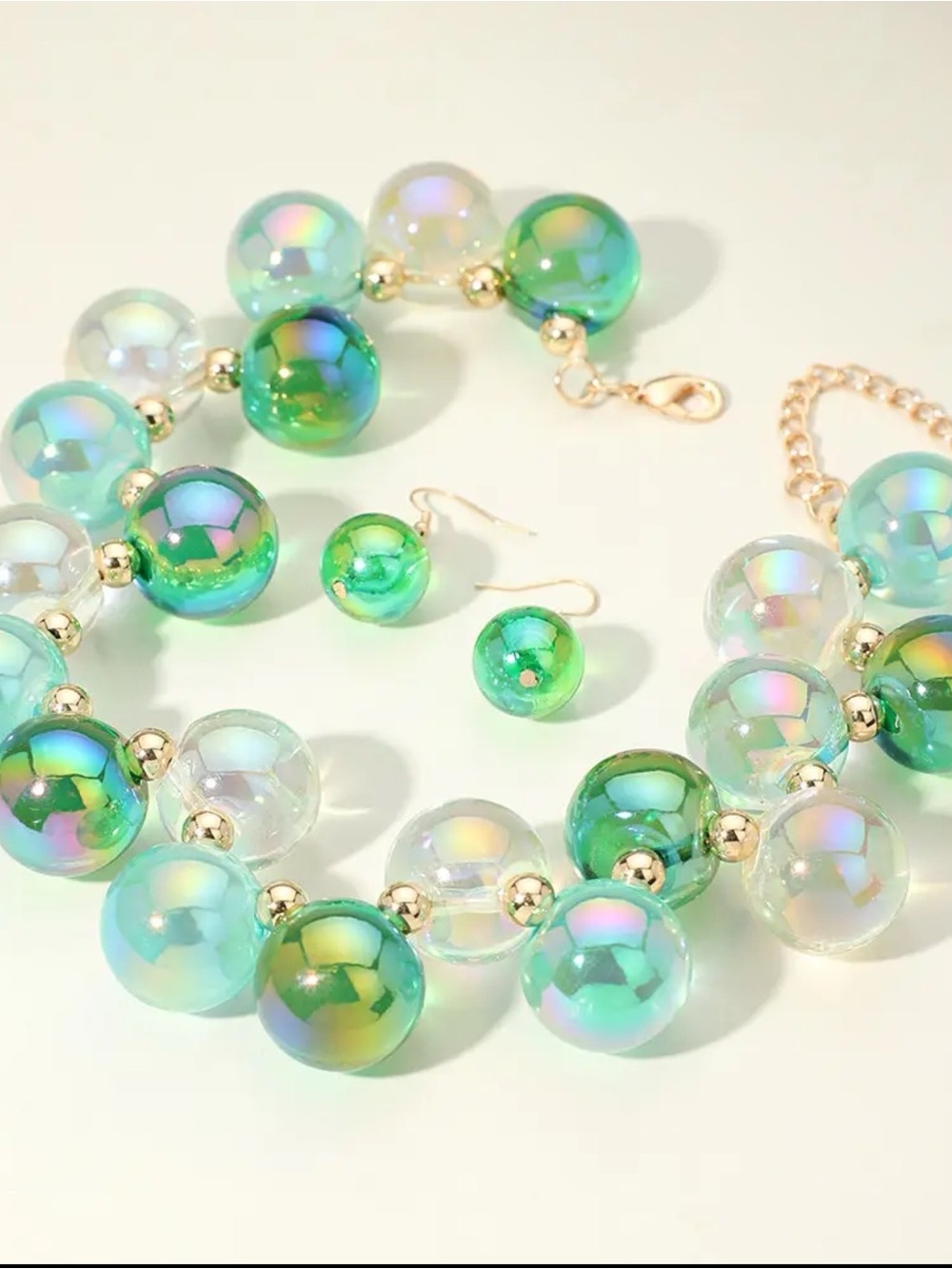 Gold-Tone Iridescent Green Bubble Necklace & Earring Set